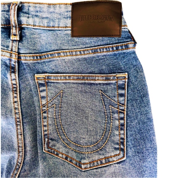True Religion Colette Slim Straight Jeans Sz 27 Blue Raw Hem Y2K Grunge NWOT - Picture 3 of 8